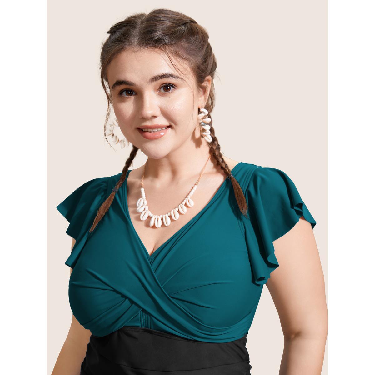 Plus Size Two Tone Gathered Ruffle Sleeve One Piece Swimsuit Women's Swimwear Cyan Beach Twist Curve Bathing Suits High stretch One Pieces BloomChic 18-20/2X Product Image