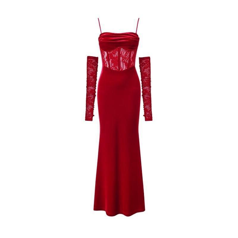 Spaghetti Strap Velvet Panel Lace Bodycon Dress with Arm Sleeves (Various Designs) Product Image