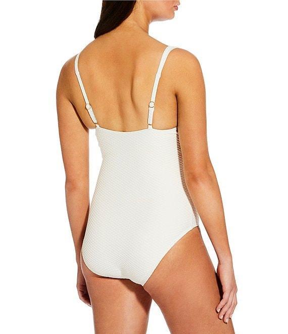 Alex Marie Diamond Textured Solid V-Neck Belted Tortoise Ring One Piece Swimsuit Product Image