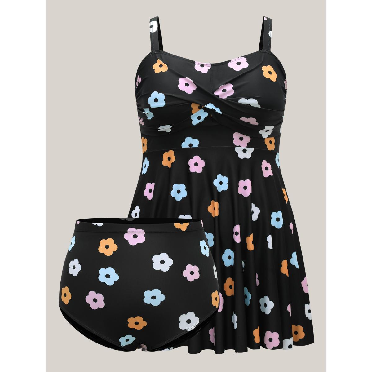 Plus Size Twist Front Floral Print Flared Swim Dress Women's Swimwear Black Beach Bodycon U-neck High stretch Curve Swim Dresses BloomChic 30/6X Product Image