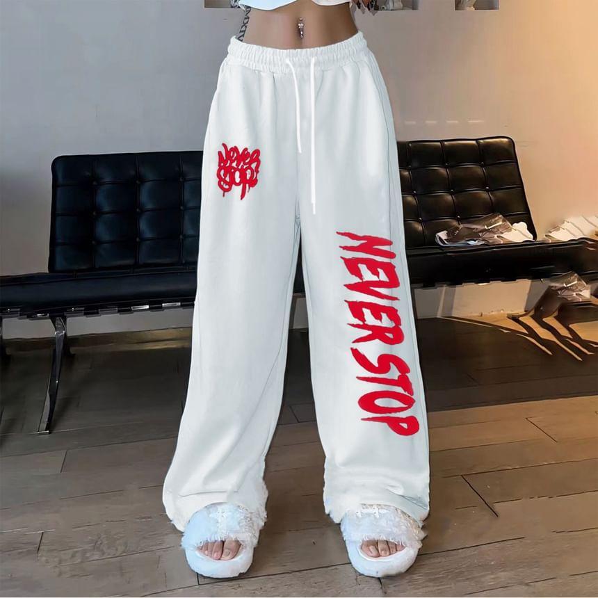 Drawstring Waist Lettering Print Wide Leg Sweatpants Product Image