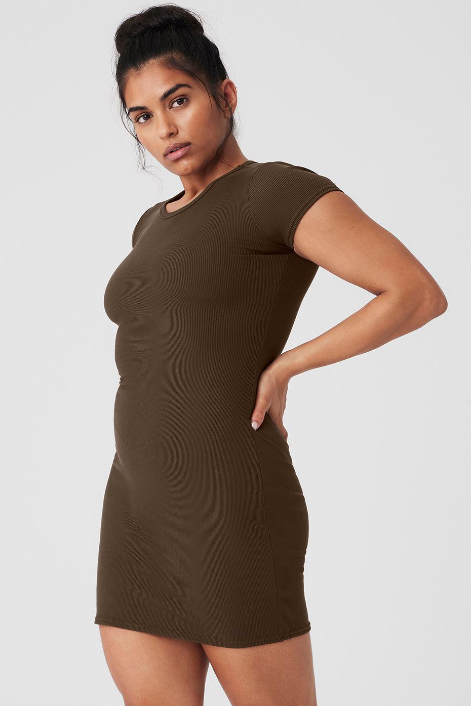 Goddess Ribbed Short Sleeve Dress - Espresso Product Image