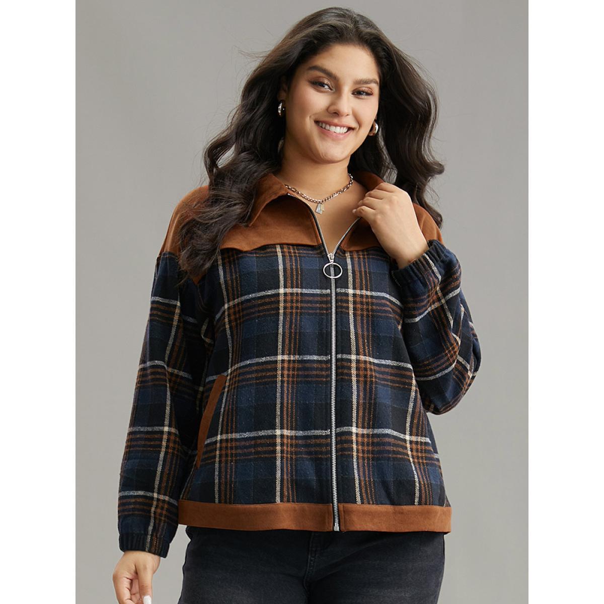 Plus Size Plaid Patchwork Pocket Lapel Collar Zipper Fly Jacket Women Multicolor Contrast Pocket Dailywear Jackets BloomChic 30/6X Product Image