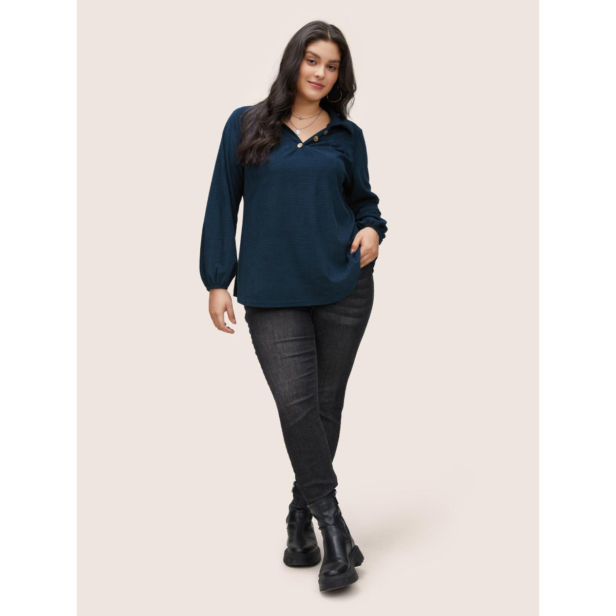 Plus Size Plain Waffle Knit Gathered Button Detail T-shirt Blue Women Casual Texture Plain Polo Everyday T-shirts BloomChic 14-16/1X Product Image