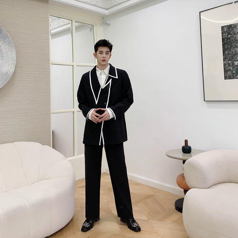 Plain Asymmetrical Contrast Trim Double-Breasted Blazer Product Image