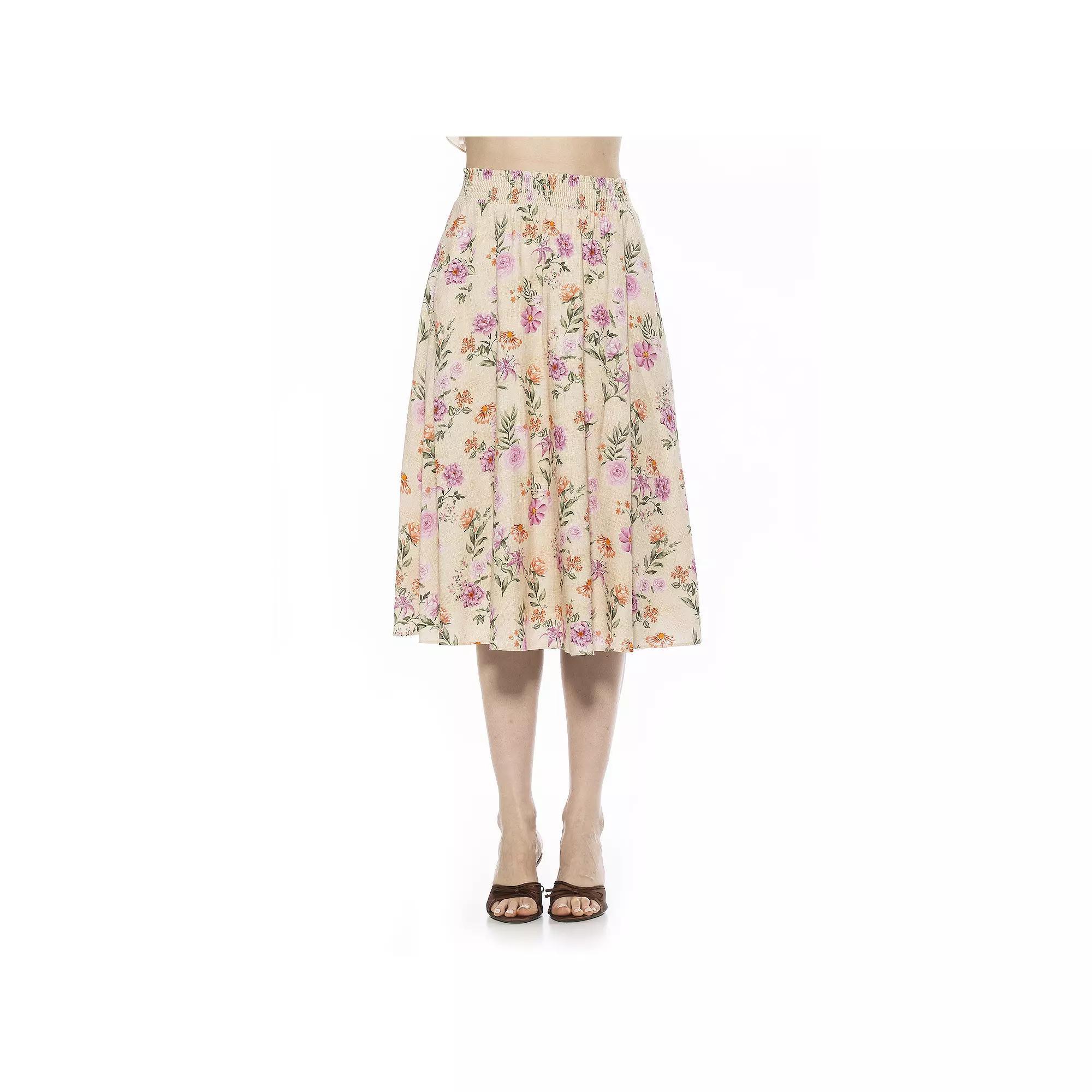 Women's ALEXIA ADMOR Kliene Smocked Waistband Skirt, Size: Large, Beige Wildflowers Product Image