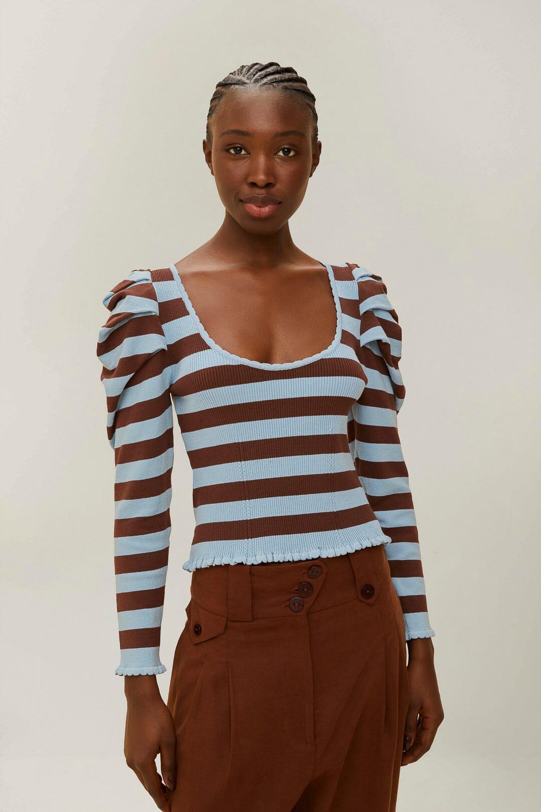 Striped Knit Blouse, BLUE + BROWN / XXS Product Image