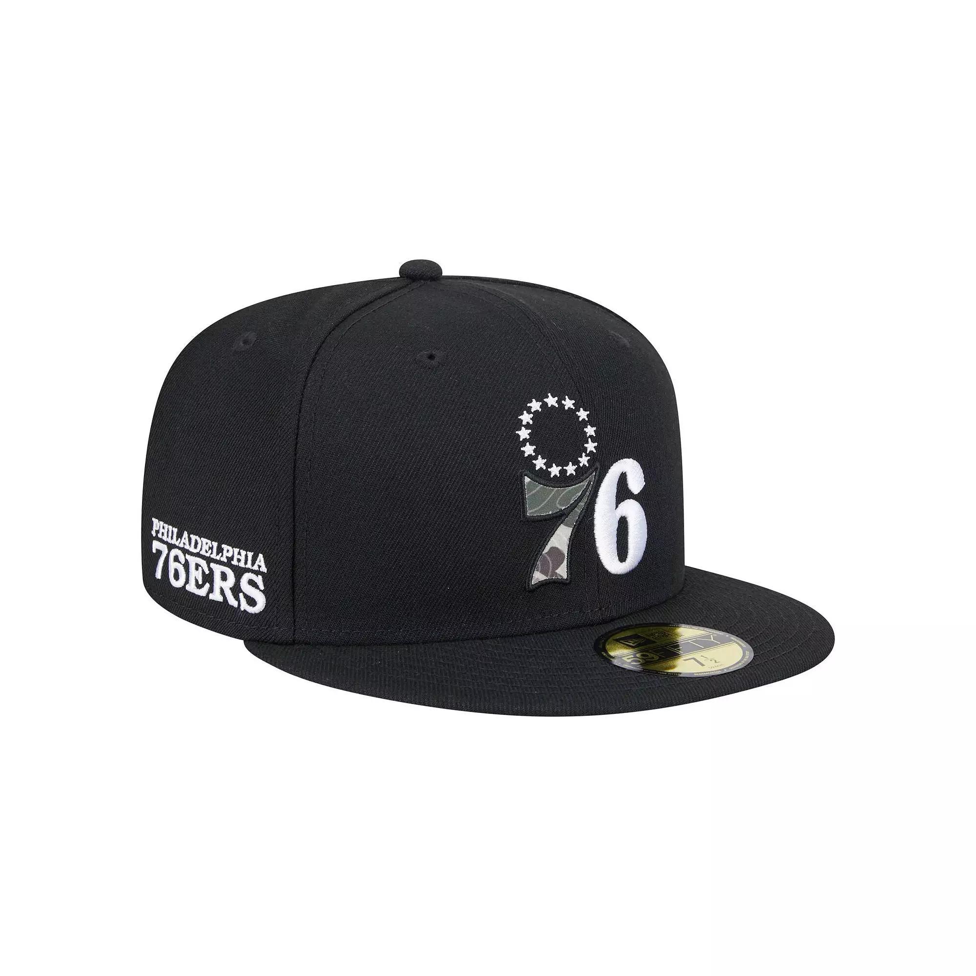 Men's New Era Black Philadelphia 76ers Camo Print UV 59FIFTY Fitted Hat, Size: 7 1/4, 76r Black Product Image