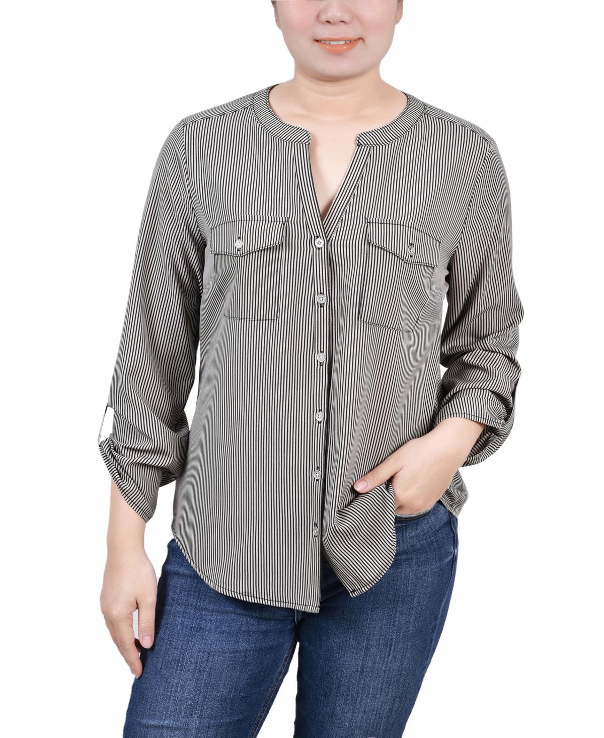 Petite 3/4 Sleeve Roll Tab Y Neck Blouse Product Image