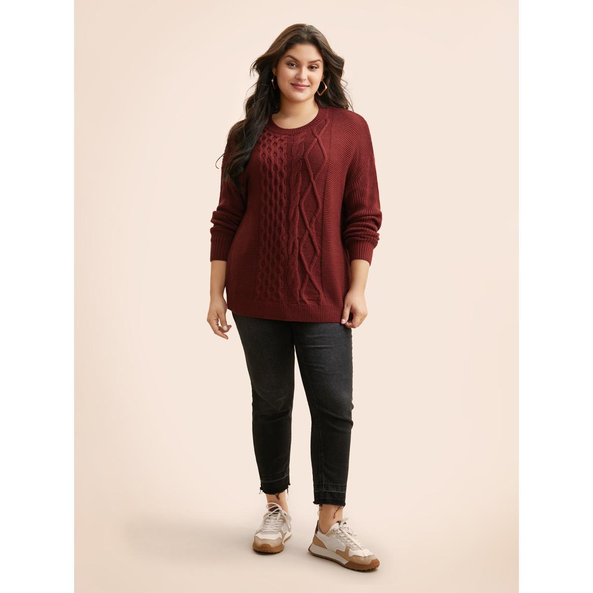 Plus Size Texture Cable Knit Drop Shoulder Pullover Burgundy Women Casual Loose Long Sleeve Round Neck Everyday Pullovers BloomChic 12/L Product Image