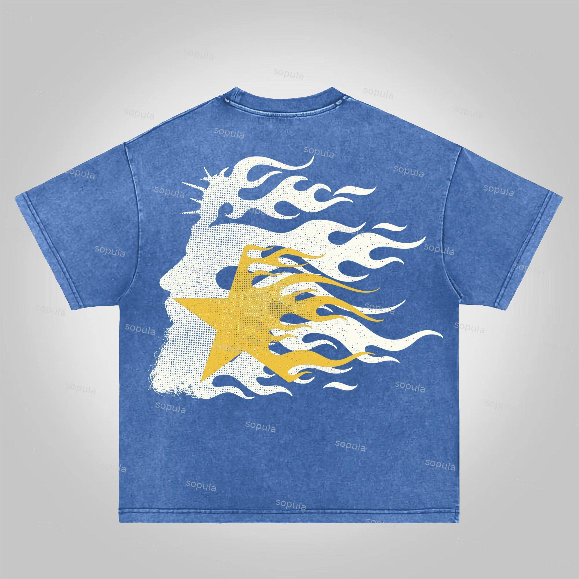 Fashionable Retro Flame Jesus Silhouette Network Acid Wash T-shirt Product Image