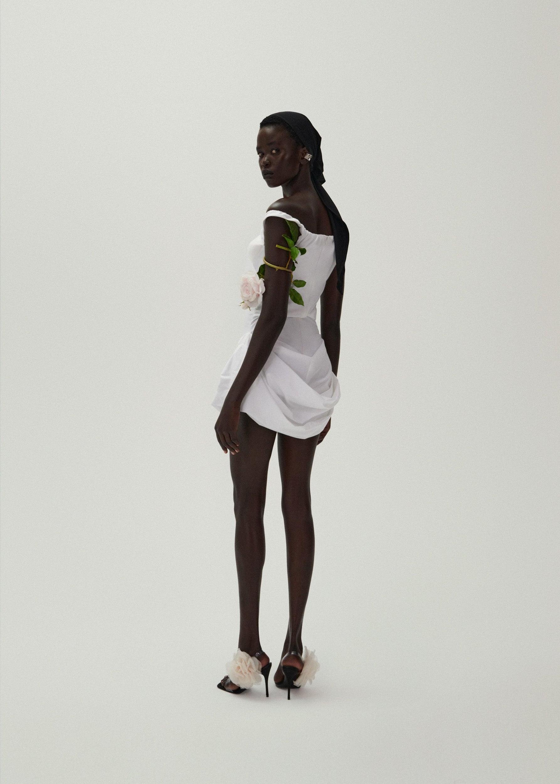 Off shoulder draped cotton mini dress in white Product Image