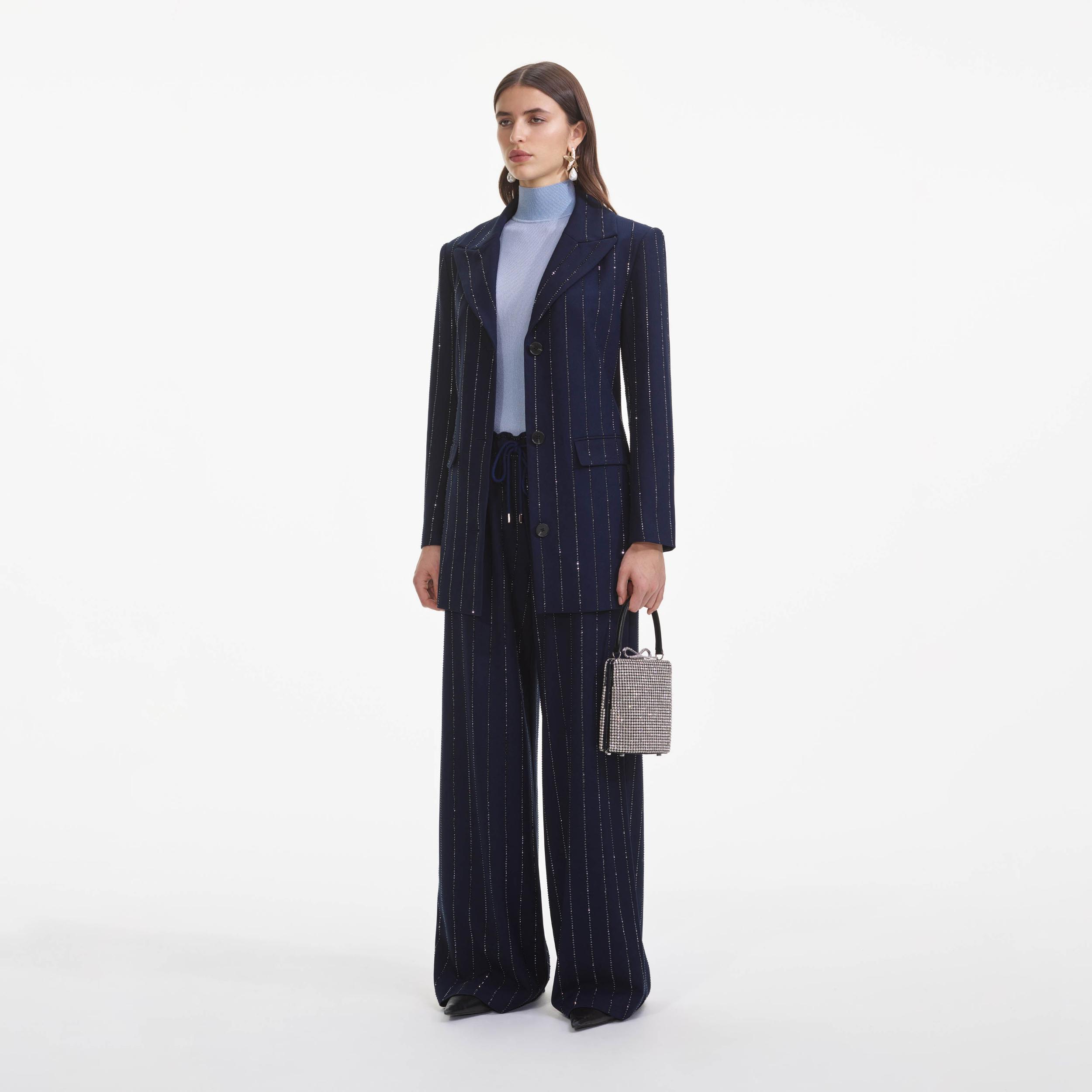 Navy Rhinestone Pinstripe Trousers Product Image