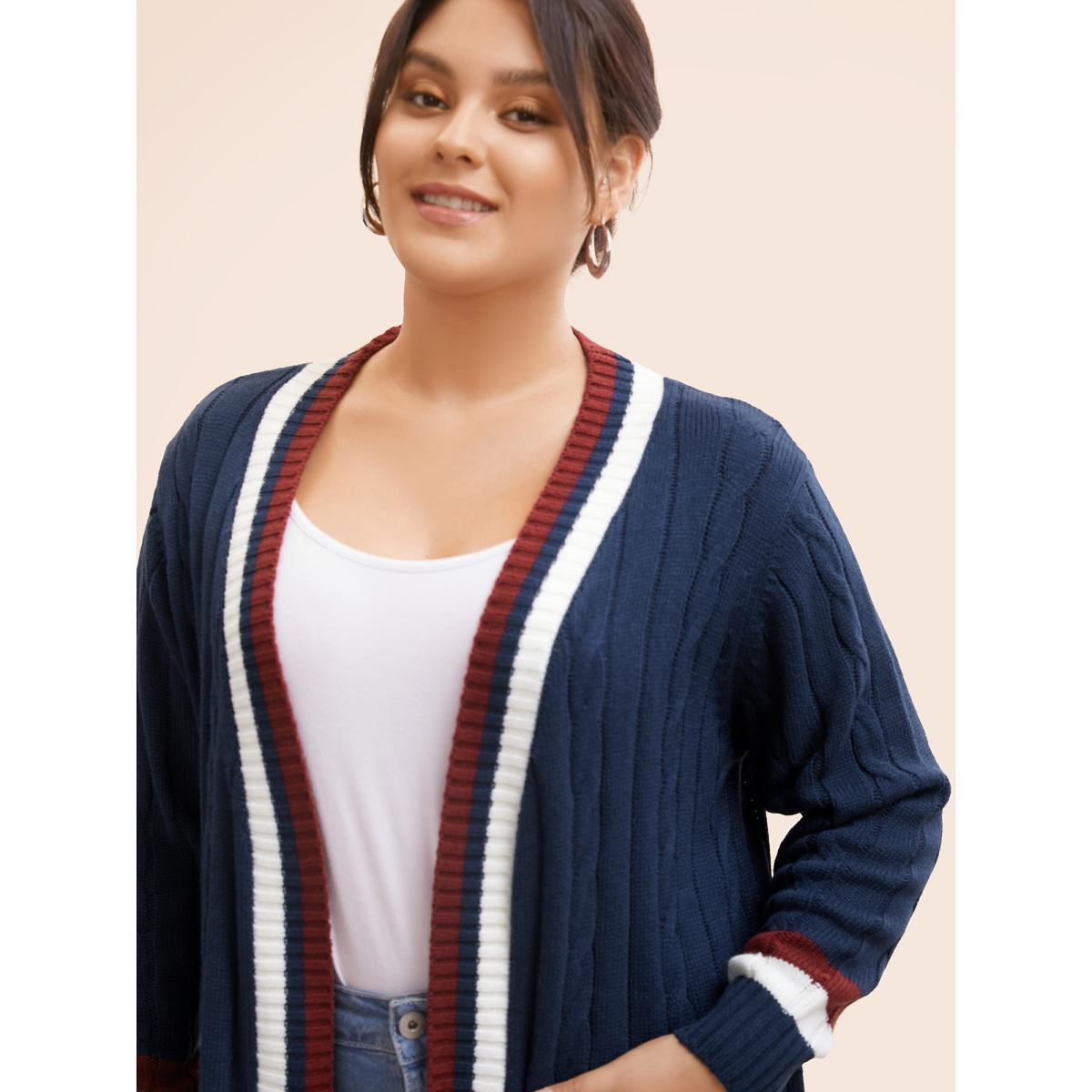 Plus Size Contrast Striped Patch Pocket Cable Knit Cardigan Indigo Women Casual Loose Long Sleeve Everyday Cardigans BloomChic 18-20/2X Product Image