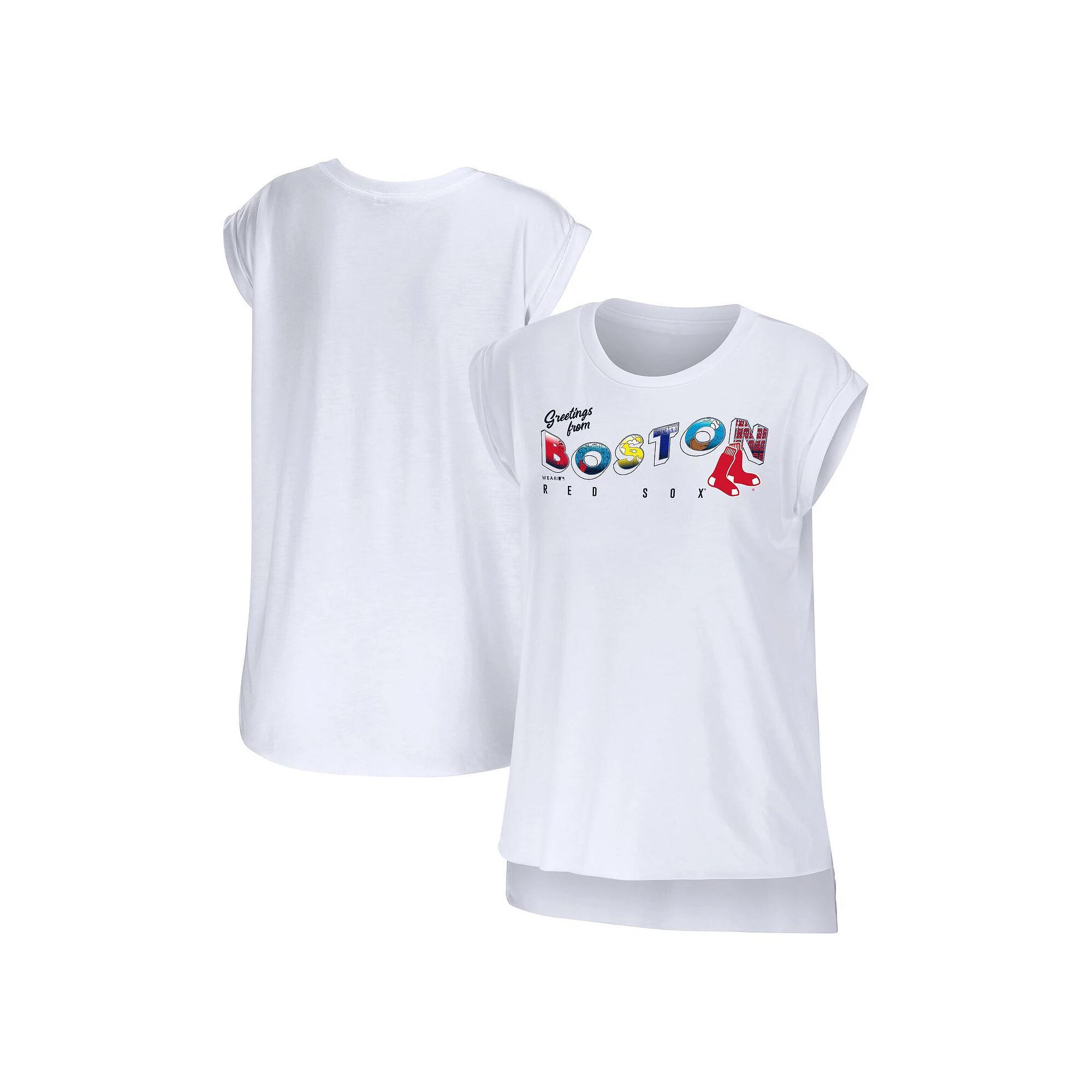 Women's WEAR by Erin Andrews White Boston Red Sox Greetings From T-Shirt, Size: Large Product Image