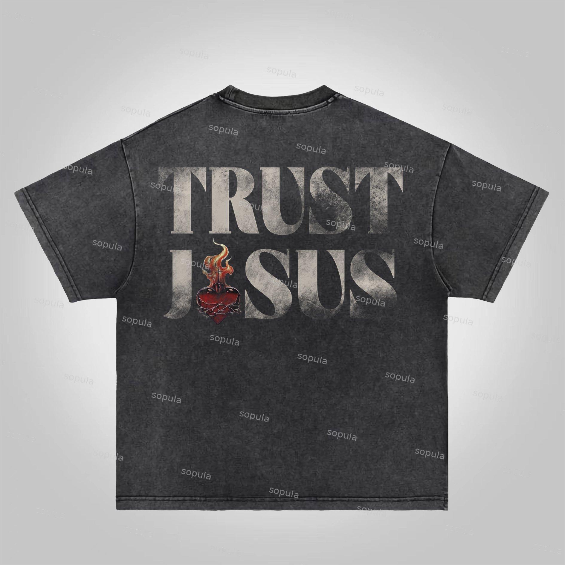 Sopula Trust Jesus Vintage Slogan Graphics Acid Washed T-Shirt Product Image