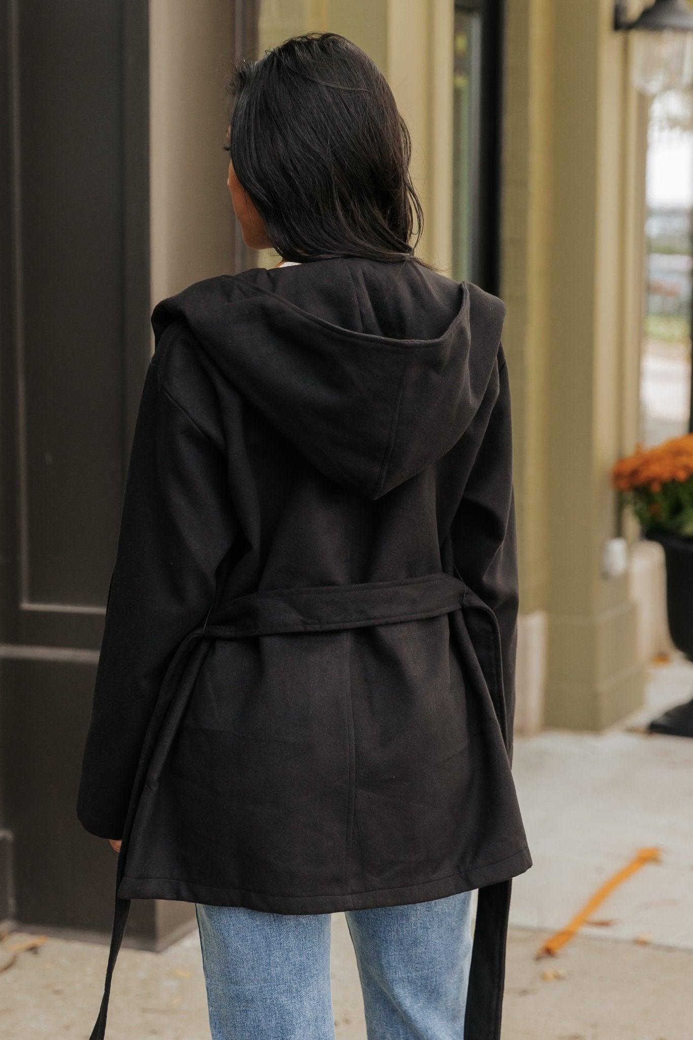 Sophisticated Black Tie Hooded Coat - FINAL SALE Product Image