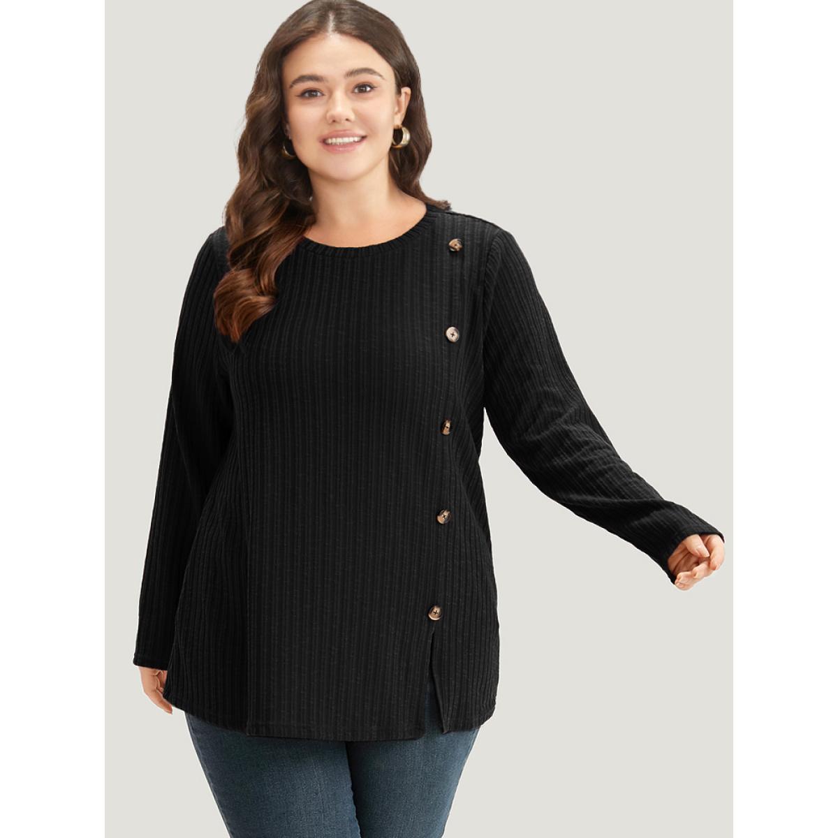 Plus Size Rib Knit Button Detail Split Side T-shirt Black Women Casual Texture Plain Round Neck Dailywear T-shirts BloomChic 26/4X Product Image