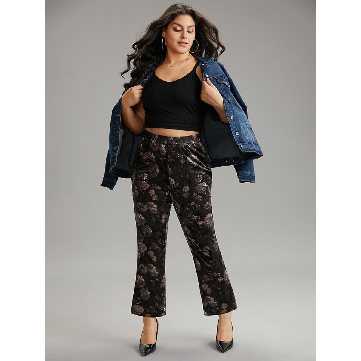 Plus Size Floral Texture Velvet Flare Leg Pants Women BlackFlower Elegant Flare Leg High Rise Dailywear Pants BloomChic 10/M Product Image