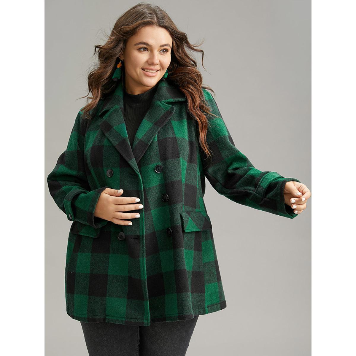 Plus Size Plaid Lapel Collar Flap Detail Double Breasted Coat Women DarkGreen Casual Contrast Ladies Dailywear Winter Coats BloomChic 18-20/2X Product Image