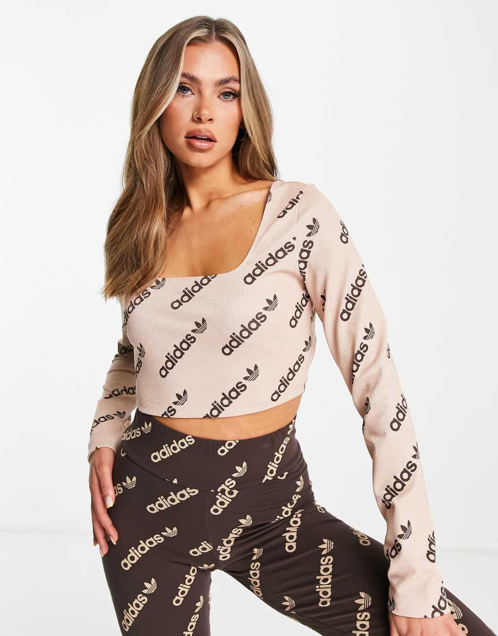 adidas Originals Logomania repeat logo long sleeve cropped top Product Image