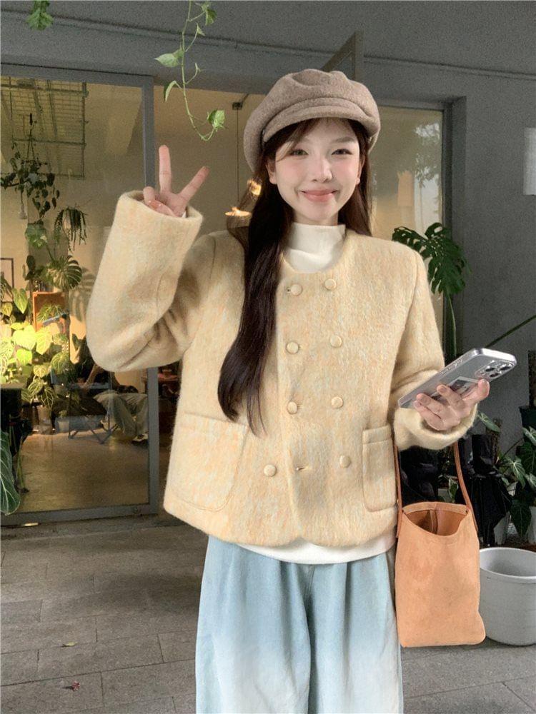 Round Neck Plain Double-Breasted Coat Product Image