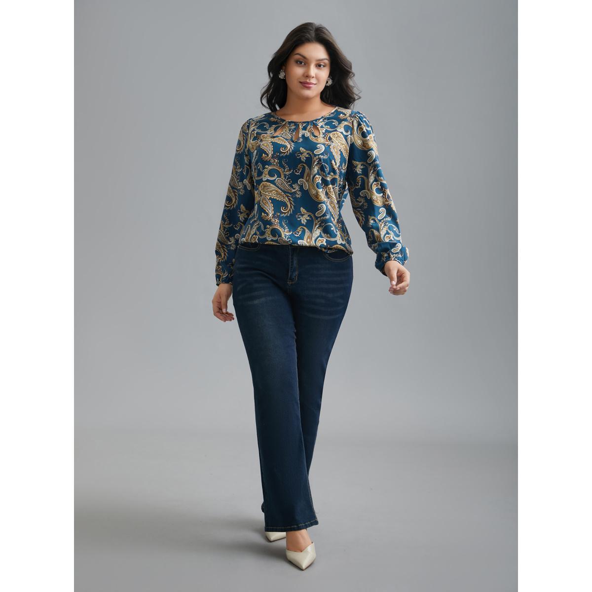 Plus Size Aegean Round Neck Paisley Cut Out Blouse Women Elegant Extra Long Sleeve Round Neck Everyday Blouses BloomChic 28/5X Product Image