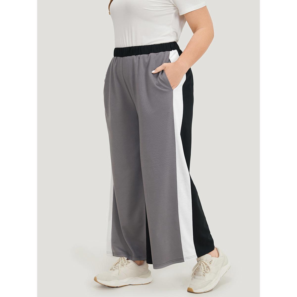 Contrast Patchwork Pocket High Rise Sweatpants Black Plus Size Women Casual Dailywear Contrast 12/L Bloomchic Product Image