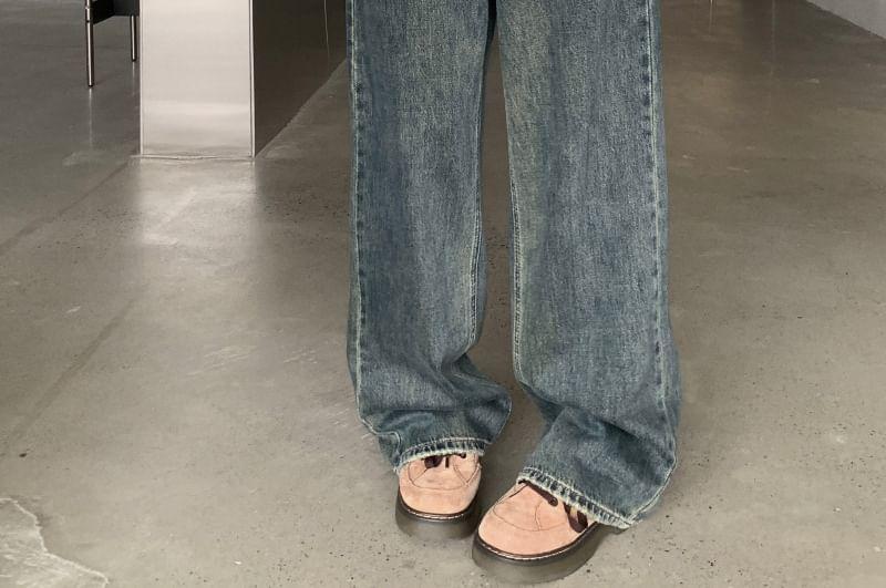 Mid Rise Washed Ripped Wide Leg Jeans Product Image