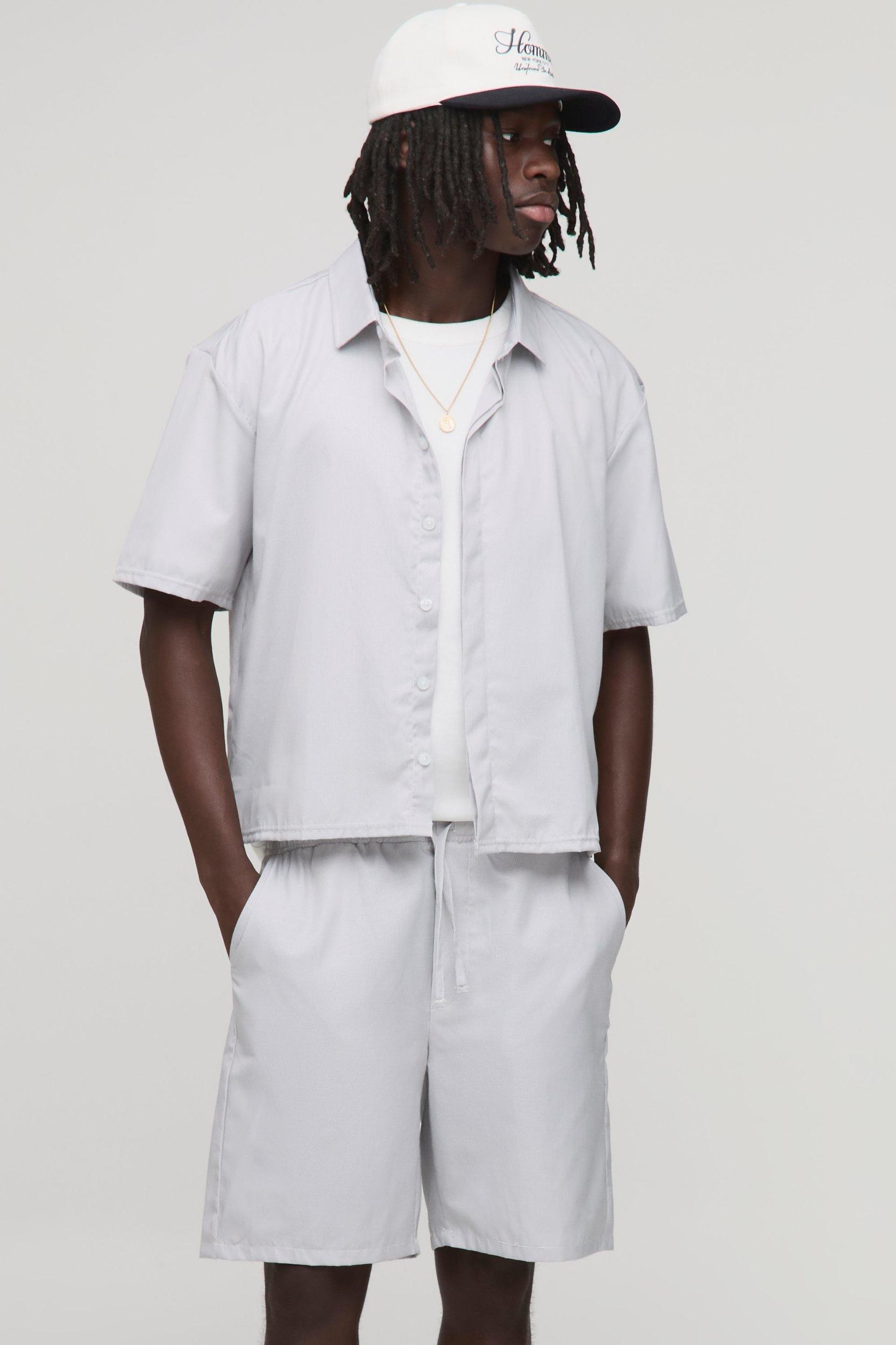 Oversized Boxy Stripe Concealed Placket Shirt & Short Set | boohooMAN USA Product Image