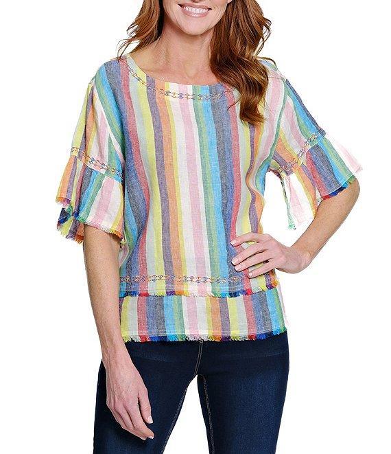 John Mark Embroidered Yarn-Dye Stripe Crew Neck Short Ruffle Hi-Low Hem Top Product Image