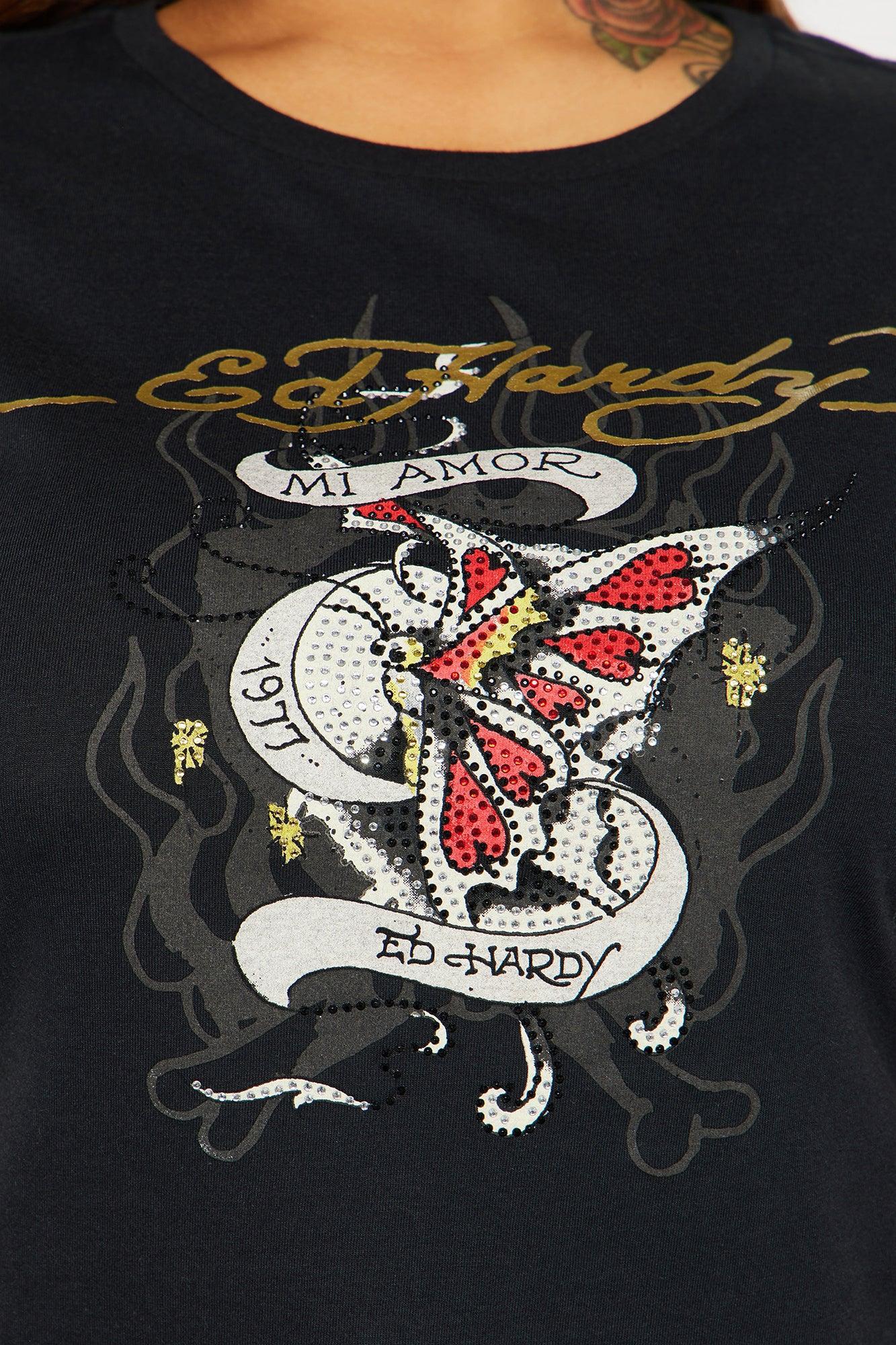 Ed Hardy Mi Amor Rhinestone Tee - Black Product Image