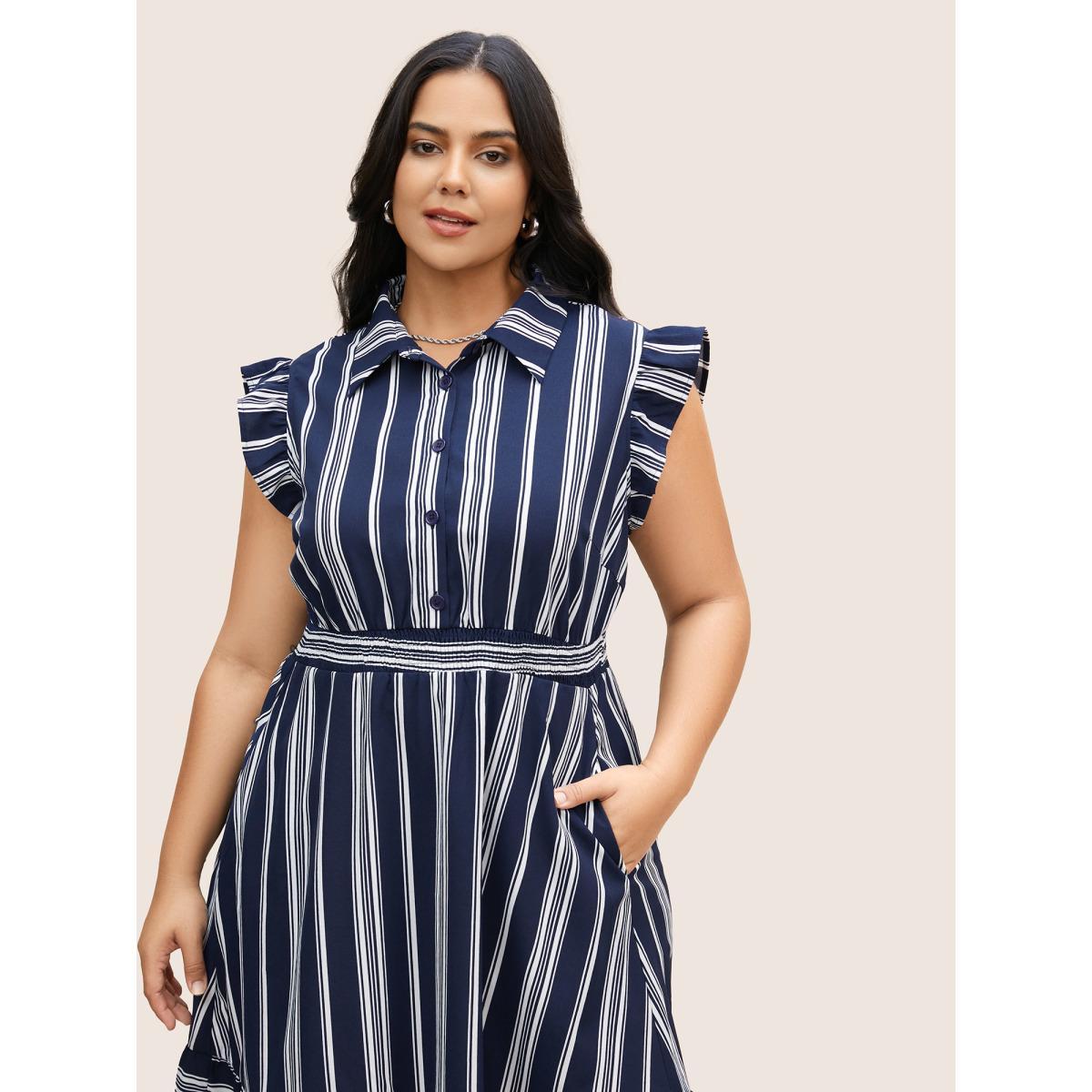 Plus Size Shirt Collar Striped Ruffle Cap Sleeve Dress Navy Women At the Office Shirt collar Cap Sleeve Curvy BloomChic 18-20/2X Product Image