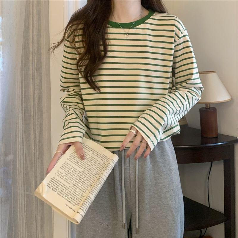 Long-Sleeve Crewneck Striped Tee Product Image