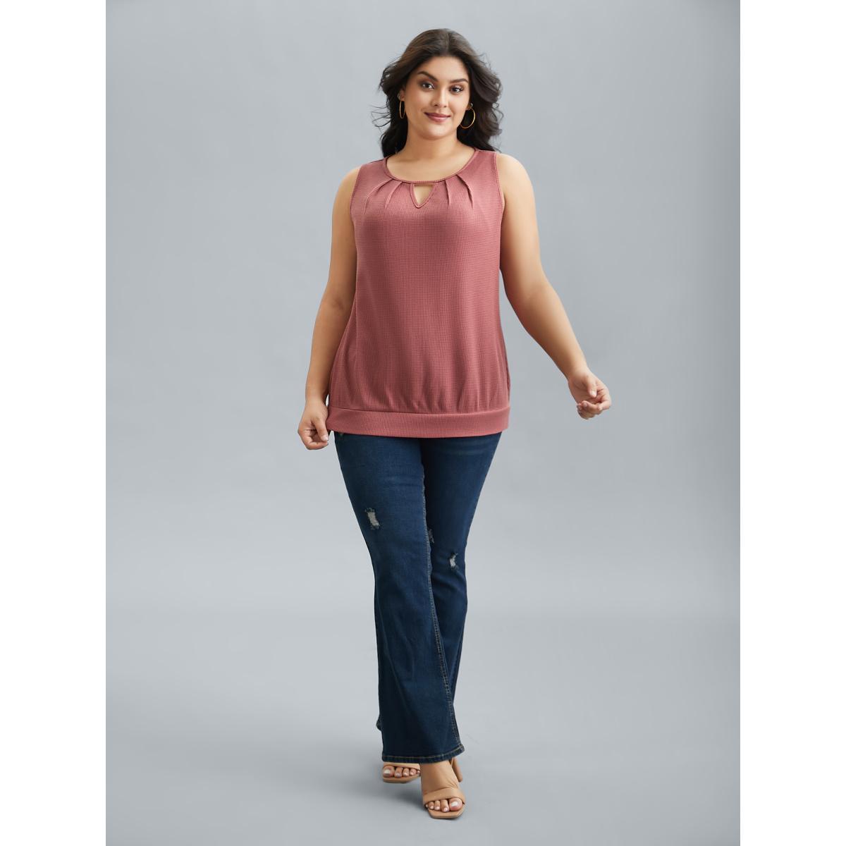 Plus Size Neck Cut-Out Textured Stretchy Vest Women DustyPink Casual Texture Round Neck Everyday Tank Tops Camis BloomChic 22-24/3X Product Image