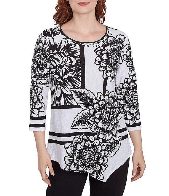 Ruby Rd. Floral Stripe Embellished Scoop Neck 3/4 Sleeve Asymmetrical Hem Top Product Image