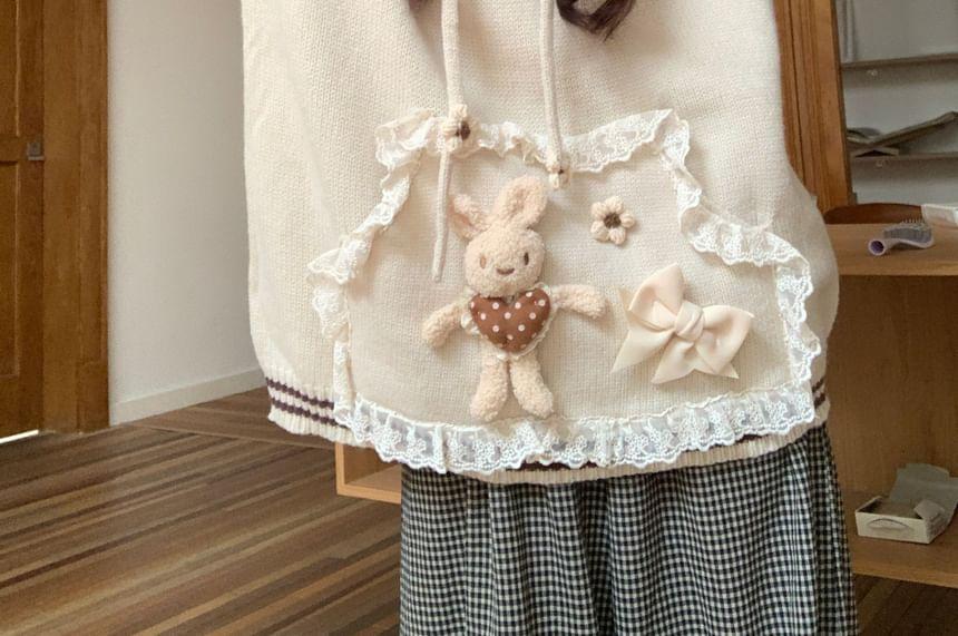 Rabbit Accent Lace Trim Oversized Knit Hoodie Product Image