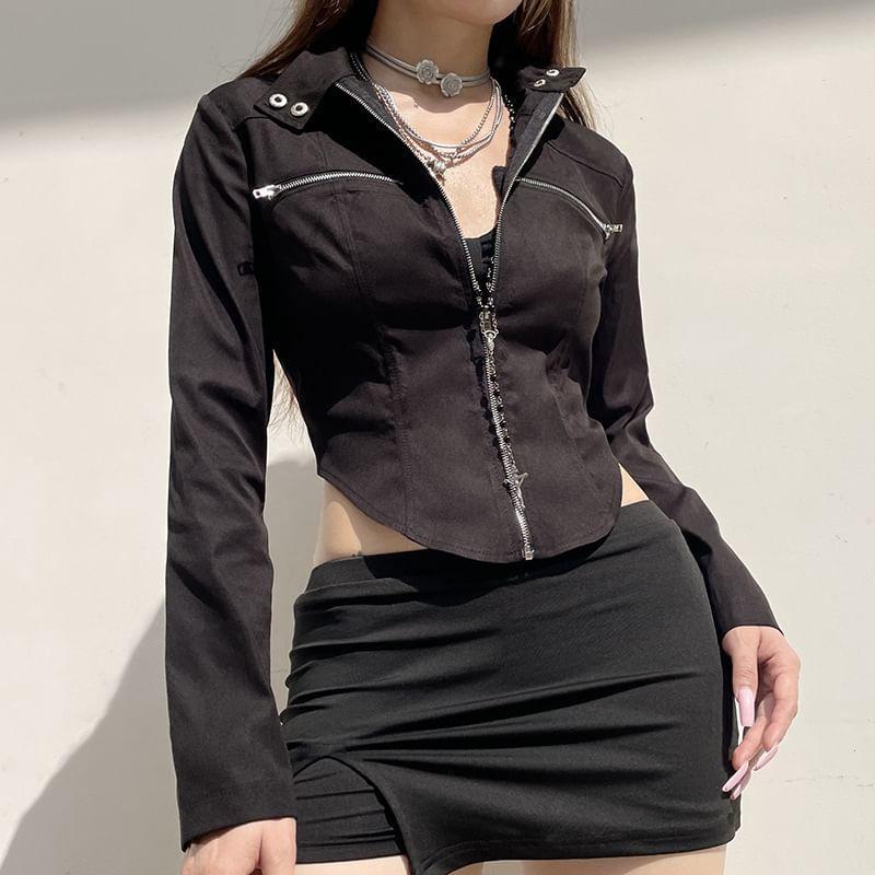Stand Collar Plain Faux Leather Crop Zip  Jacket Product Image
