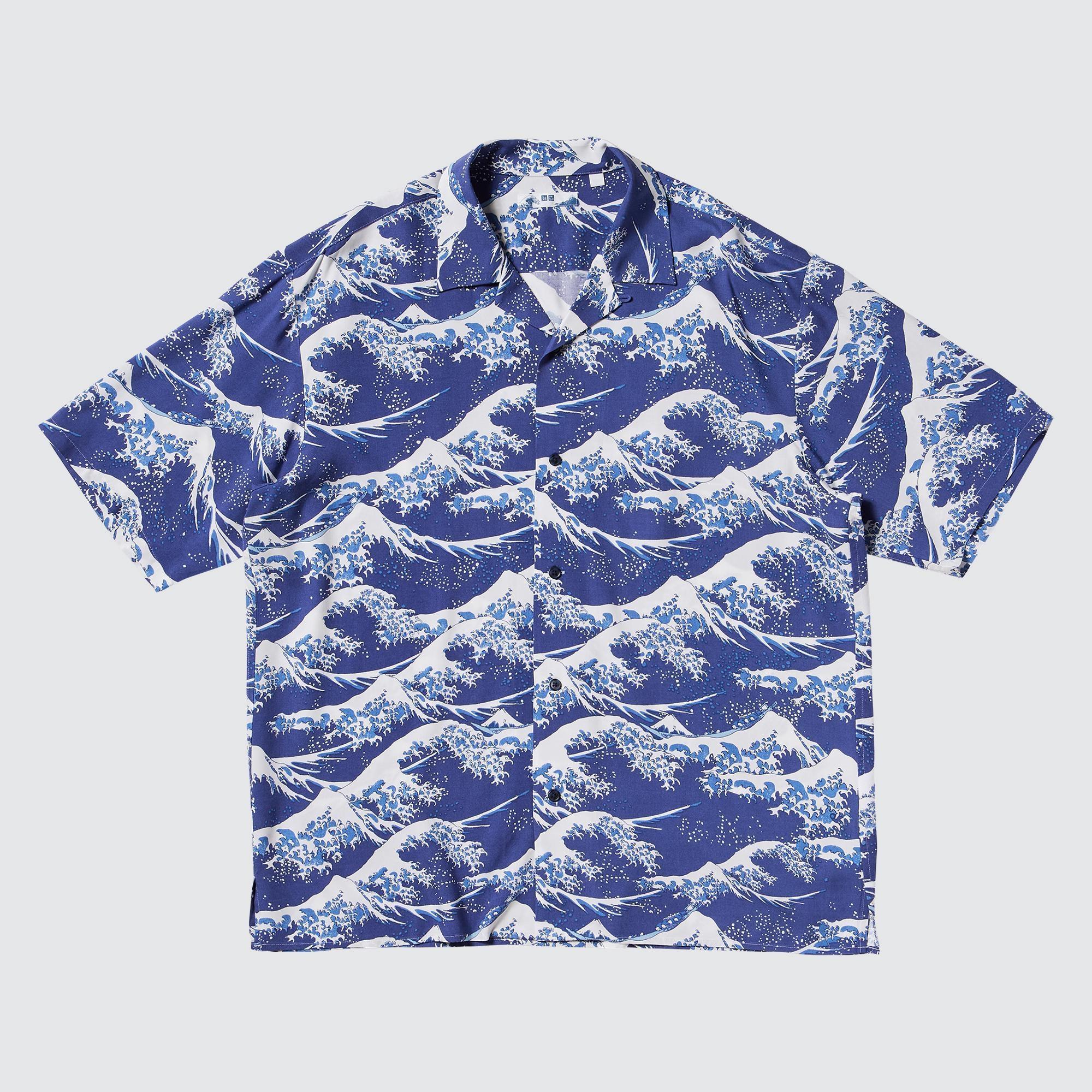 Mens Open Collar Shirt Short Sleeve Hokusai Print Blue Small UNIQLO US Product Image