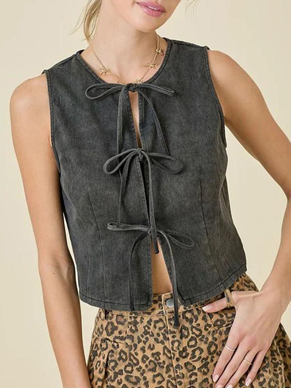 Loose Sleeveless Lace-Up Split-Joint Round-Neck Vest Top Product Image
