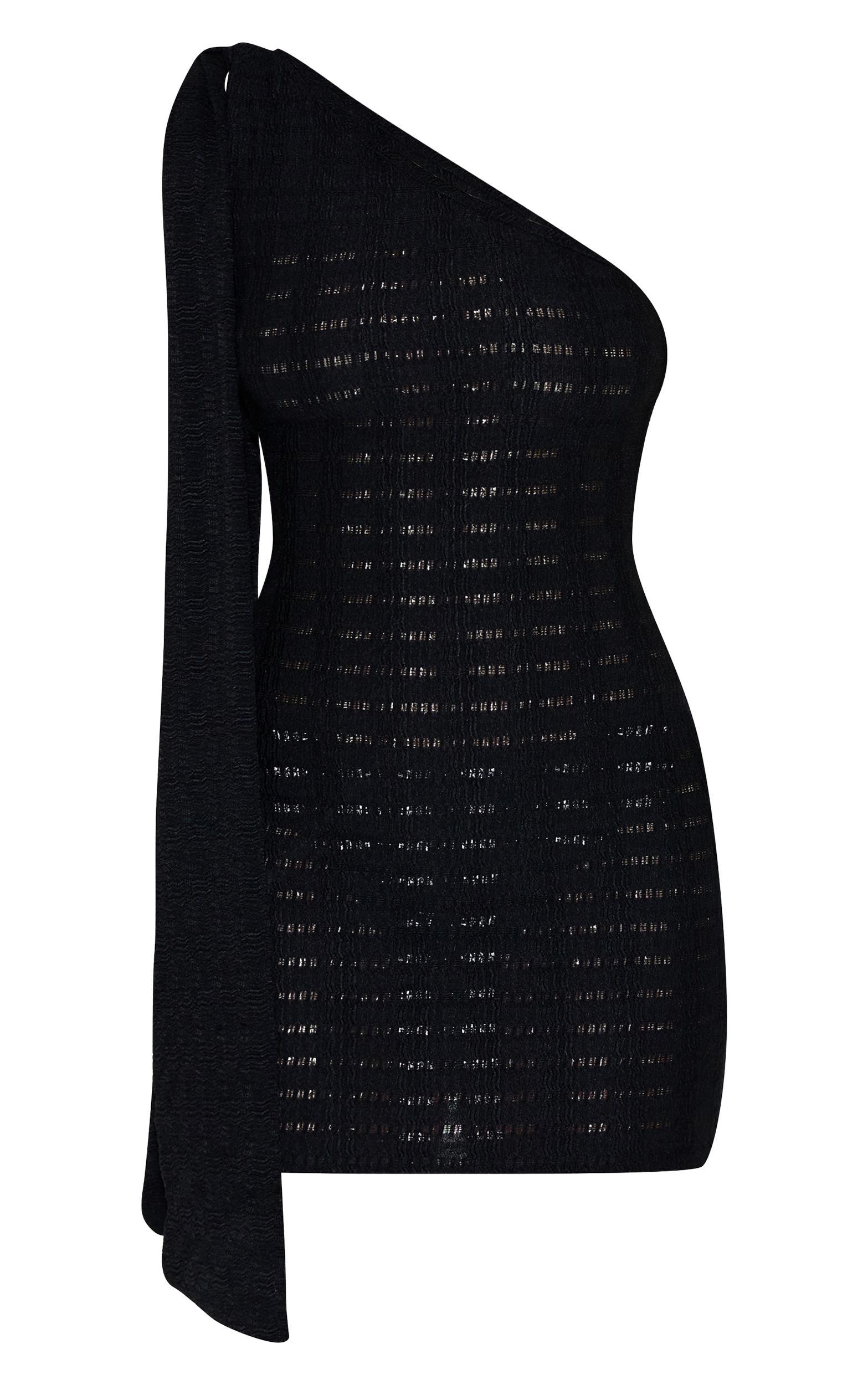 Black Textured One Shoulder Drape Detail Bodycon Dress Product Image
