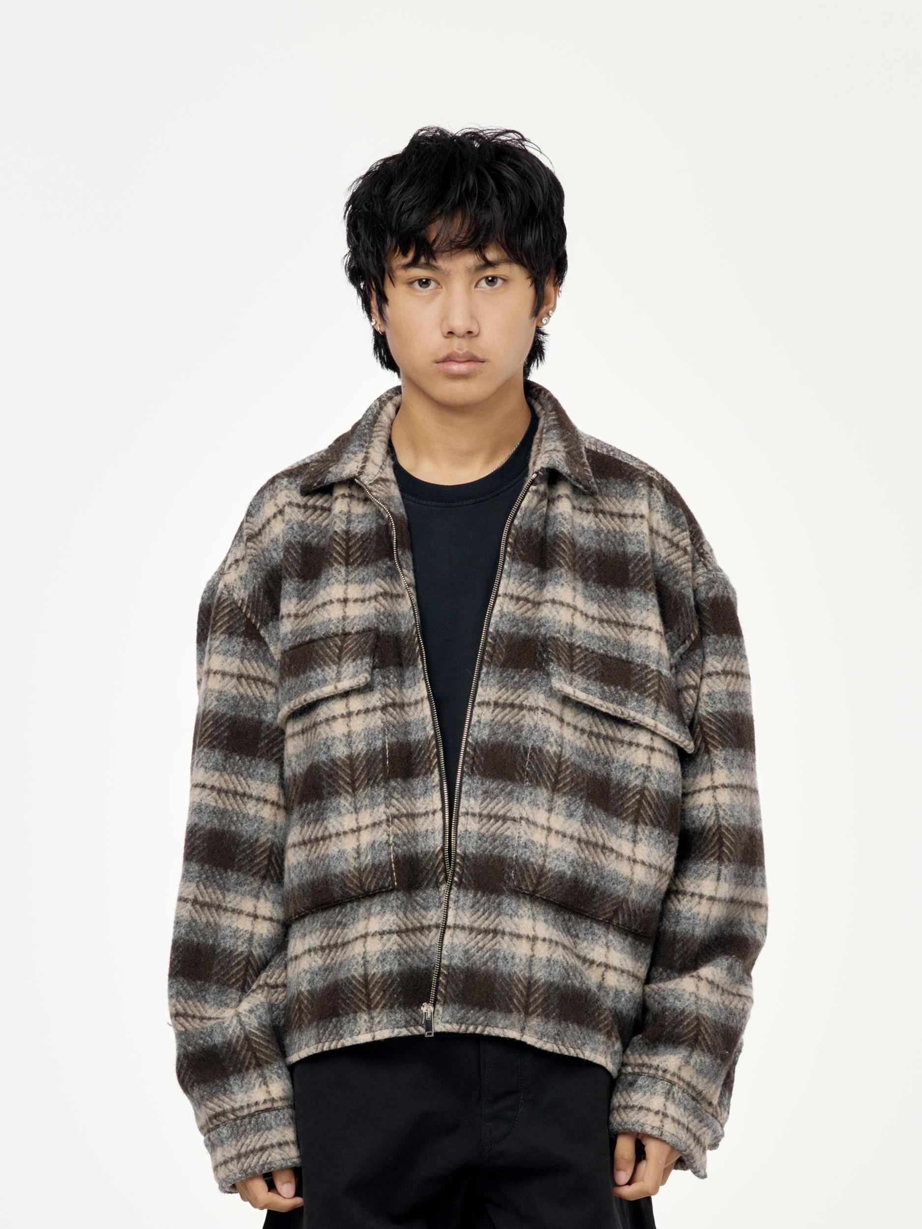 WOOL PLAID QUILTED ZIP UP FLAP POCKET SHIRT (Brown) Product Image