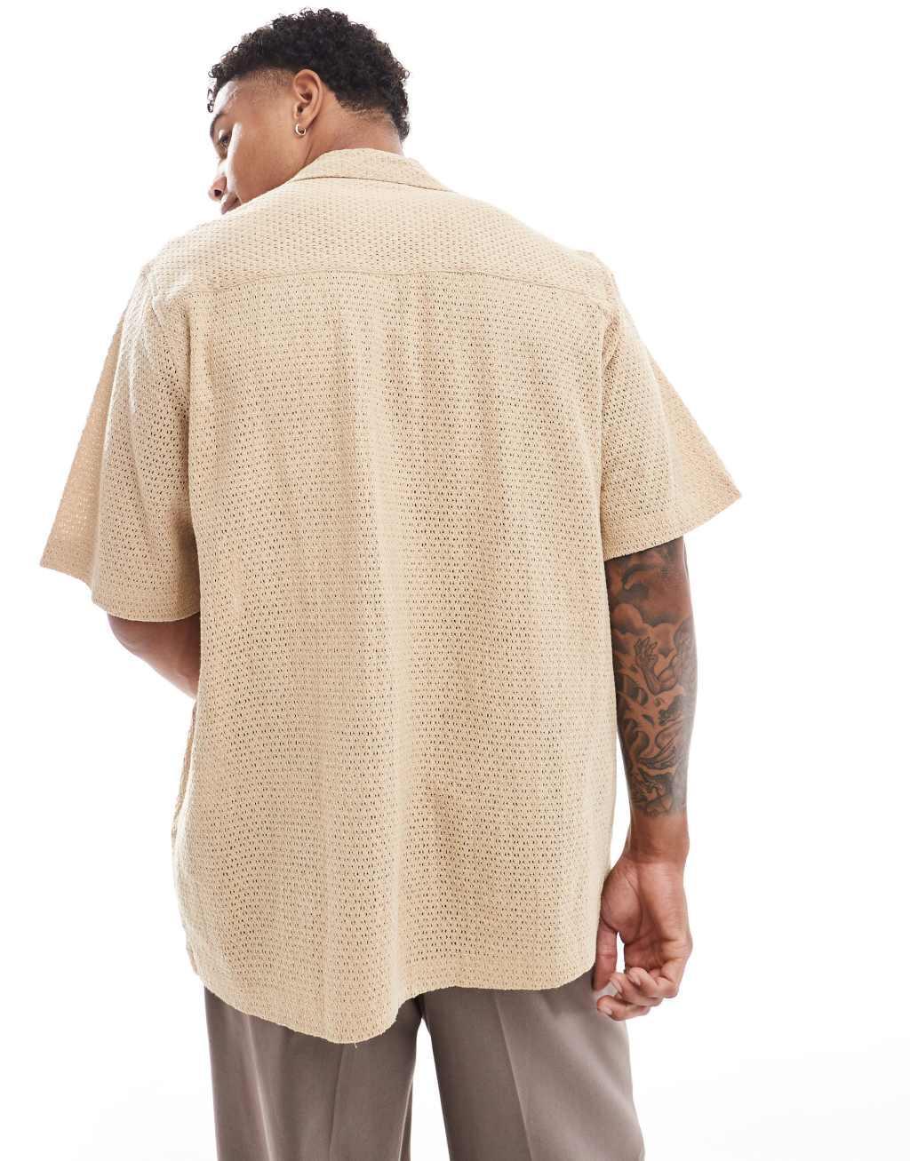 ASOS DESIGN relaxed revere texture shirt in brown Product Image