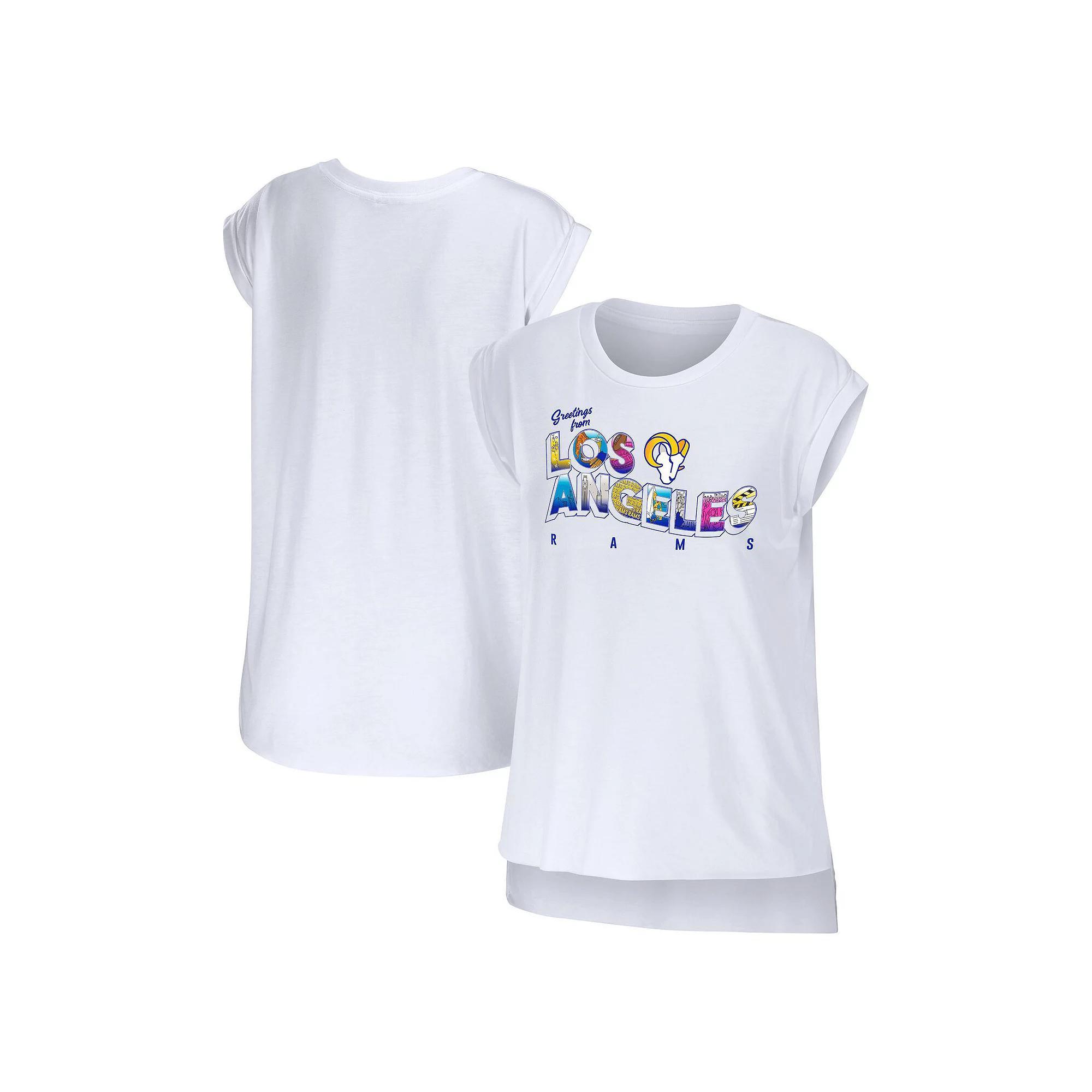 Women's WEAR by Erin Andrews White Los Angeles Rams Greetings From Muscle T-Shirt, Size: Small Product Image