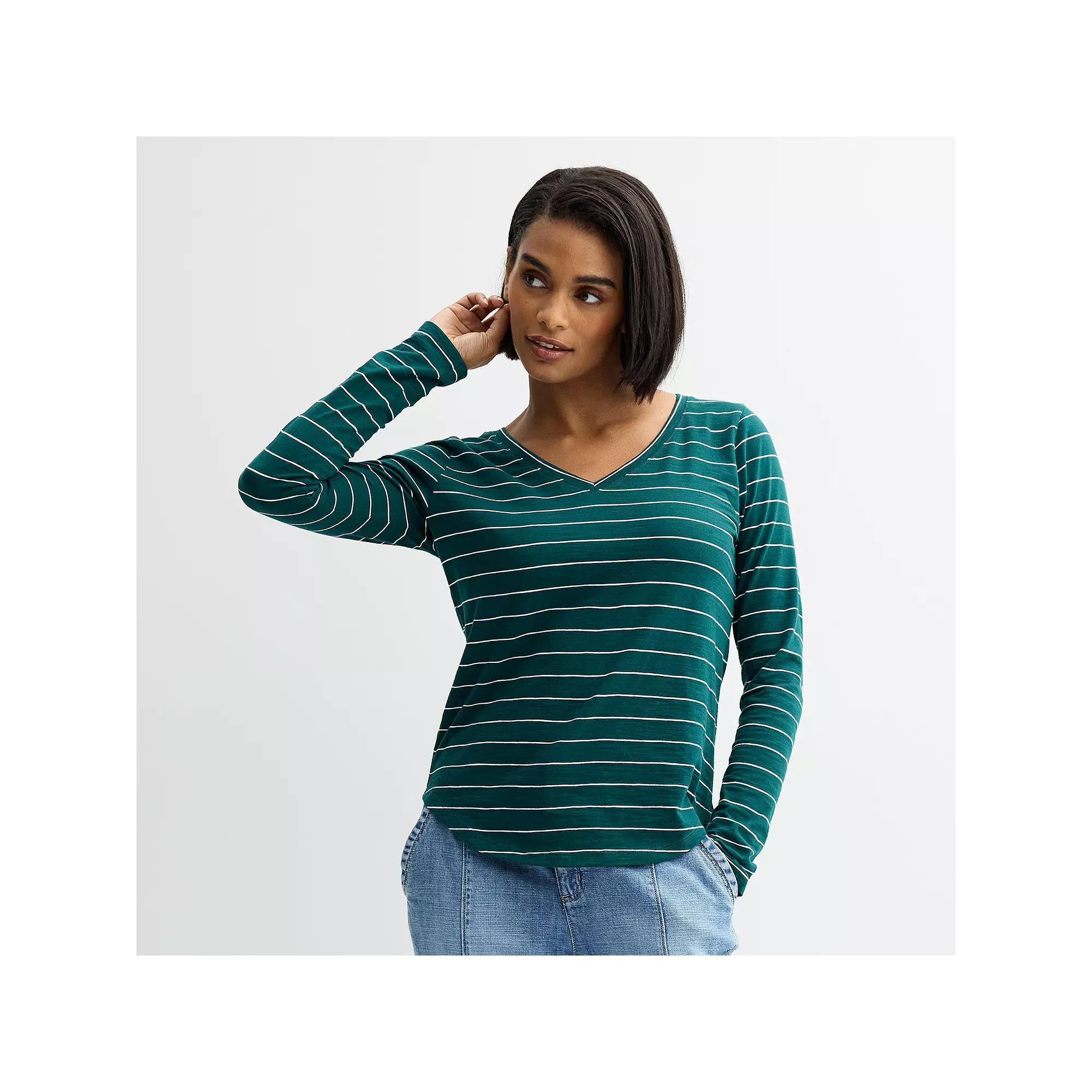 Petite Sonoma Goods For Life® Everyday Long Sleeve V-Neck T-Shirt, Women's, Size: Small Petite, Deep Black Stripe Product Image