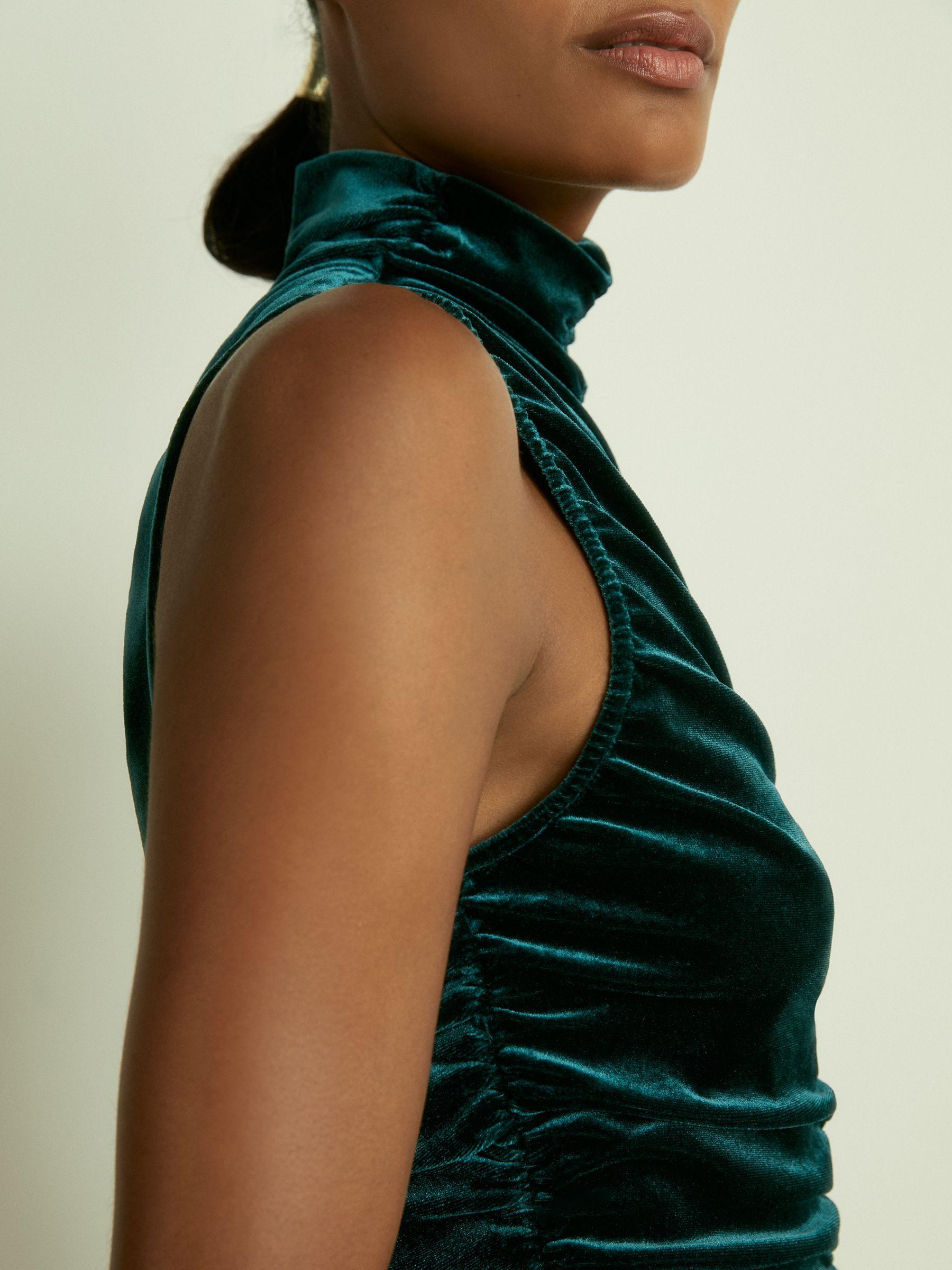 Racer-Front Ruched-Velvet Sleeveless Top in Teal Product Image
