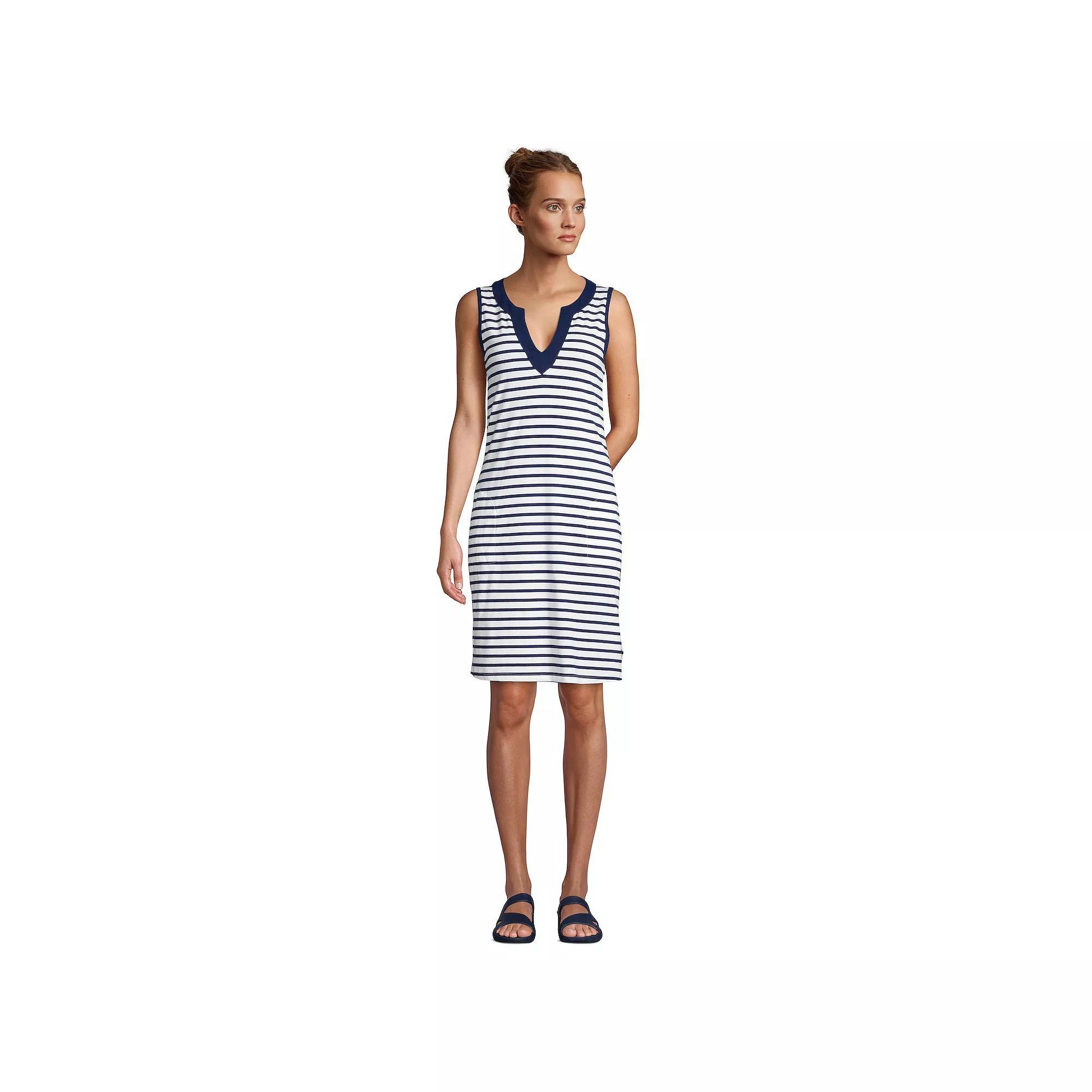 Women's Lands' End Splitneck Swim Cover-Up Dress, Size: XS, White Navy Stripe Product Image
