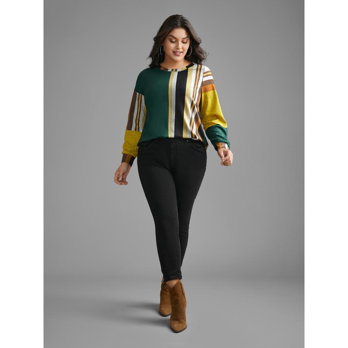 Plus Size Colored Striped Crew Neck T-shirt Multicolor Women Casual Contrast Round Neck Loose Everyday T-shirts BloomChic 10/M Product Image