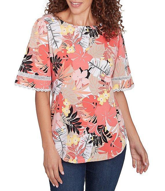 Ruby Rd. Knit Tropical Paradise Print Crew Neck Short Sleeve Top Product Image