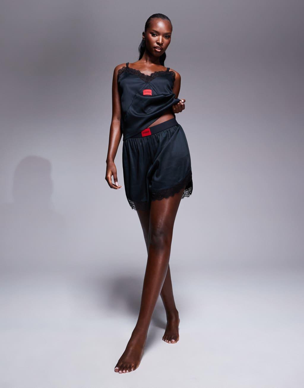 HUGO Bodywear satin lace trim pajama short in black - part of a set Product Image